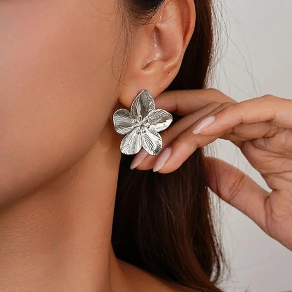 18K Gold Plated Statement Silver Earring Studs Hypoallergenic Big Floral Jewelry